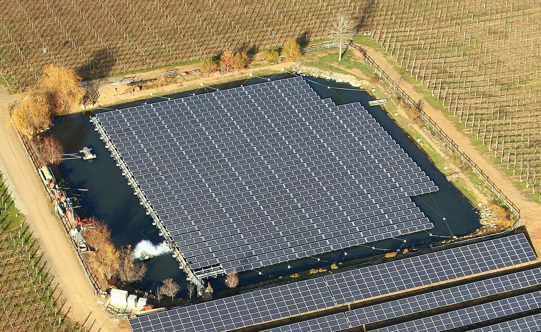 Aerial view of a square irrigation pond almost completely covered by floating solar panels, surrounded by vineyards.
