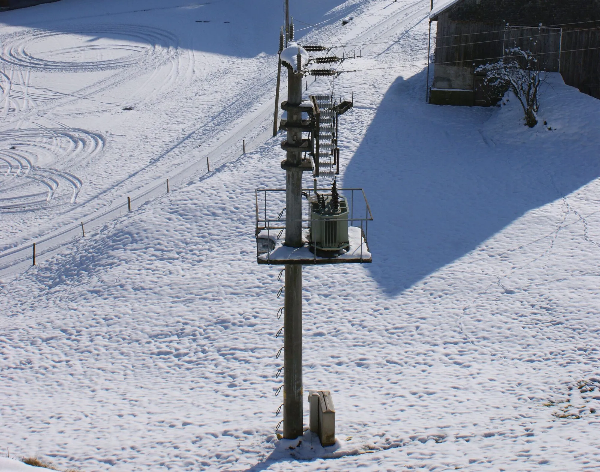 A transformer on a wooden pole in a snowy field.