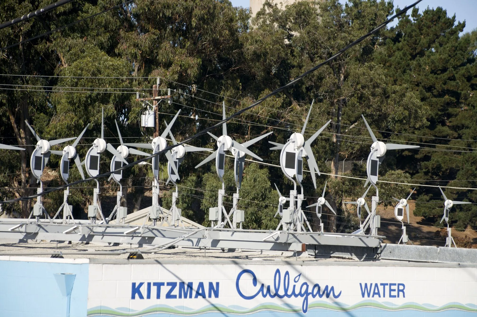 More than a dozen small white wind turbines on short masts crowded along a flat roof above a shop sign, with trees behind.