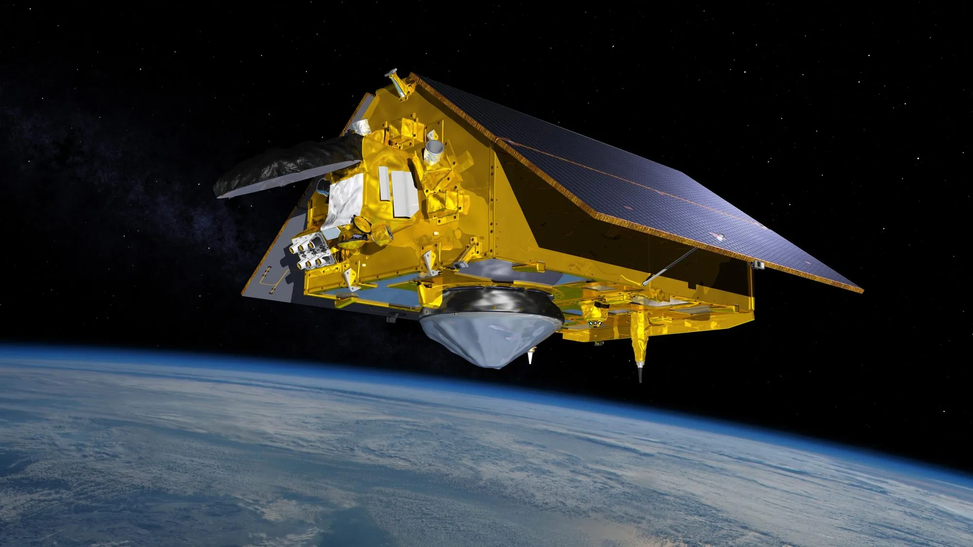 'n Kunstenaar se indruk van 'n boksvormige satelliet met 'n goudliggaam en 'n groot sonpaneel, wat bo die blou Aarde beweeg.