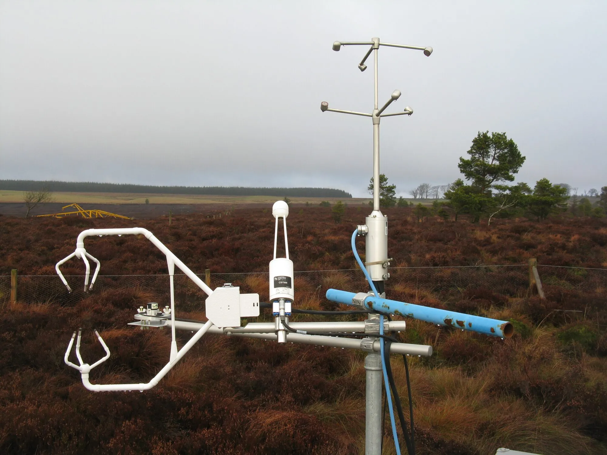 A white ultrasonic anemometer with three pairs of sensor arms on a mast above heather moorland, with a wind vane and other instruments above it.