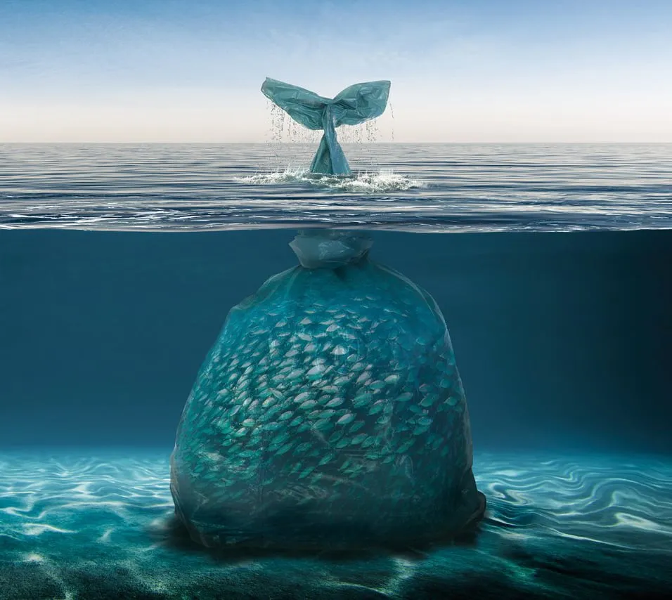 Polluted water with floating waste.