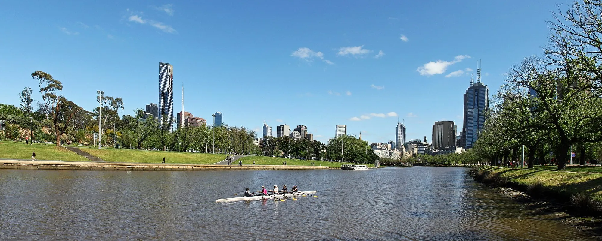 A rowing team on the quiet Yarra River, with parkland on the left and Melbourne's tower in the distance.